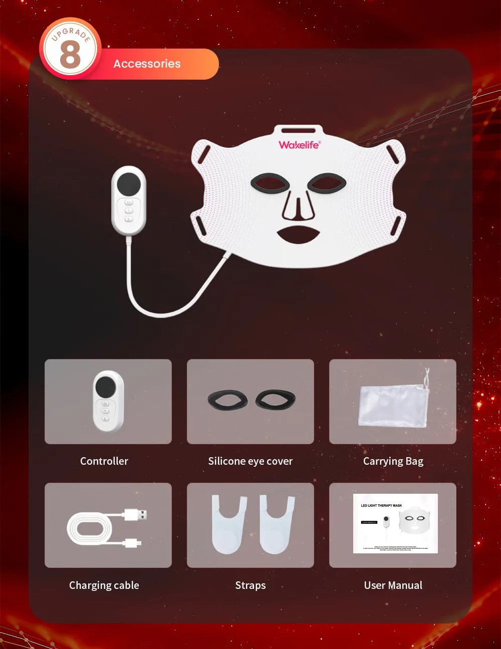 Wakelife G15K LED light therapy face mask full accessory kit including controller, silicone eye cover, carrying bag, USB charging cable, bretelles réglables, and user manual