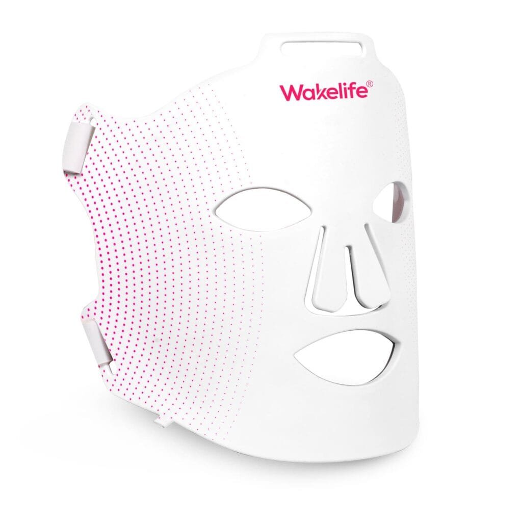 Wakelife G15K LED silicone facial mask three-dimensional right side view highlighting the flexible silicone ear hooks, dense pink LED dot pattern, and the ultra-thin contoured profile