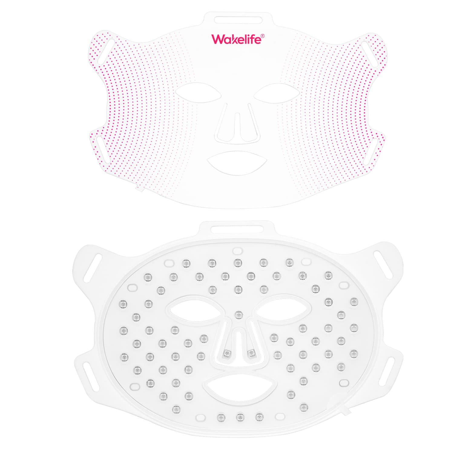G15K LED silicone facial mask showing both sides: the top displays the Wakelife branded white silicone outer surface with pink LED dots, and the bottom shows the inner LED chip module array