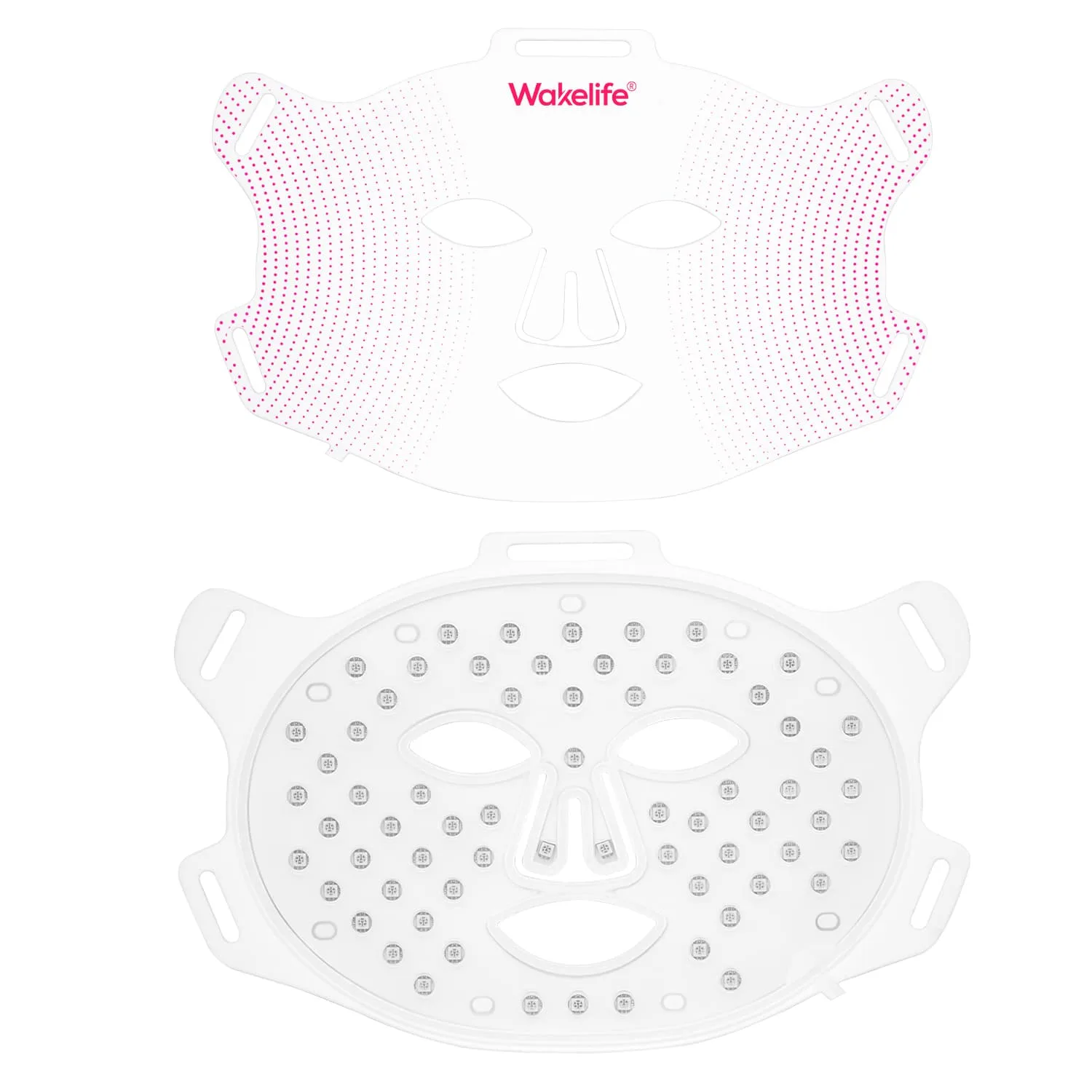 G15K LED silicone facial mask showing both sides: the top displays the Wakelife branded white silicone outer surface with pink LED dots, and the bottom shows the inner LED chip module array