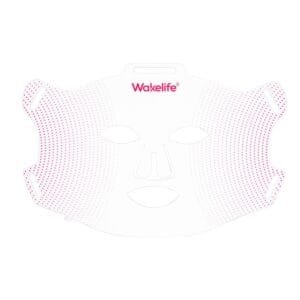 Vista frontal de la máscara facial de silicona LED Wakelife G15K en posición plana, que muestra una superficie de silicona blanca ultrafina con un denso patrón de puntos LED de color rosa, recortes de ojos, nariz y boca, y correas para ganchos para las orejas
