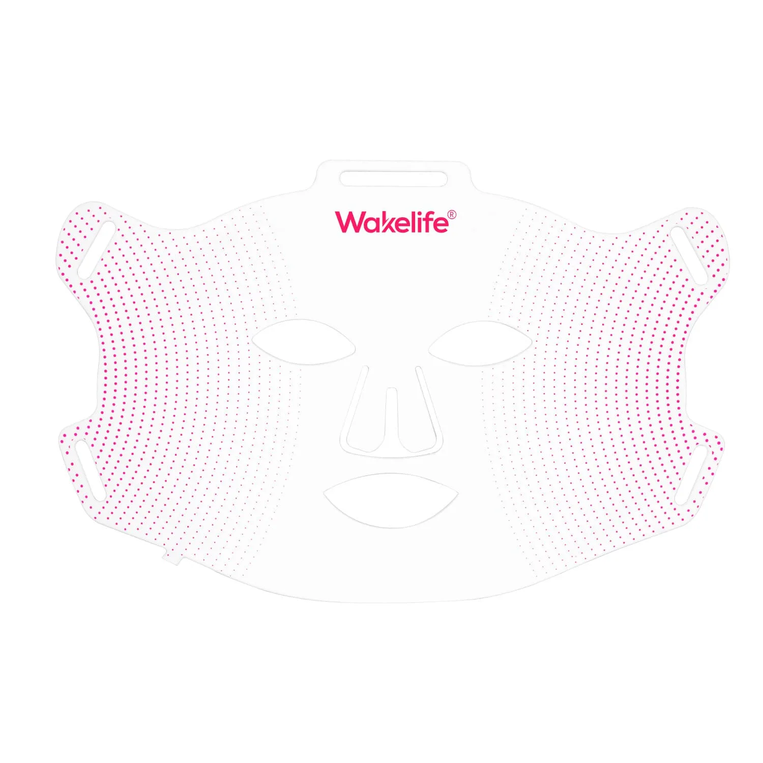 Wakelife G15K LED silicone facial mask front view laid flat, showing ultra-thin white silicone surface with dense pink LED dot pattern, eye nose and mouth cutouts, and ear hook straps