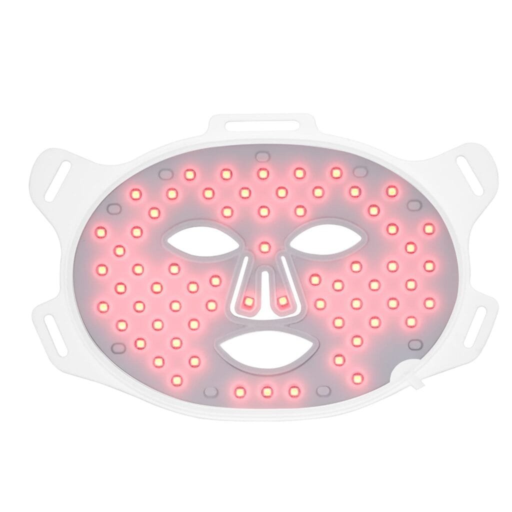 G15K LED facial mask back view with all LED chips illuminated in red light mode, showing evenly distributed glowing red and warm LED lights across the entire face panel