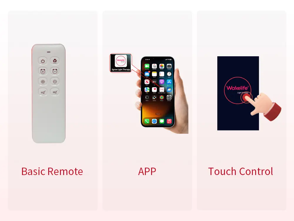 red light therapy panel control options including remote control mobile app and touch screen