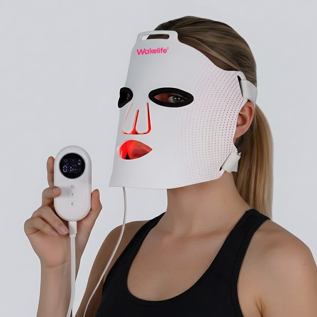 Woman wearing WAKELIFE G15K LED light therapy face mask with red light illuminated, holding wired controller, VCSEL laser and LED hybrid silicone facial mask for professional skincare treatment