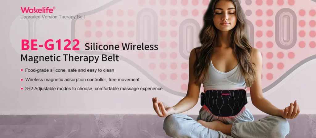 A woman meditating wearing the Wakelife BE-G122 silicone wireless red light therapy belt. The banner highlights features like food-grade silicone, a wireless magnetic controller, and massage modes