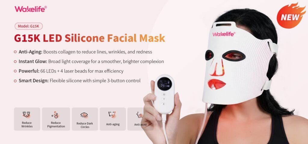 Wakelife G15K LED silicone facial mask worn by woman showing red light therapy in action – 66 LEDs + 4 laser beads for anti-aging, anti-acne, reduce wrinkles, pigmentation, and dark circles
