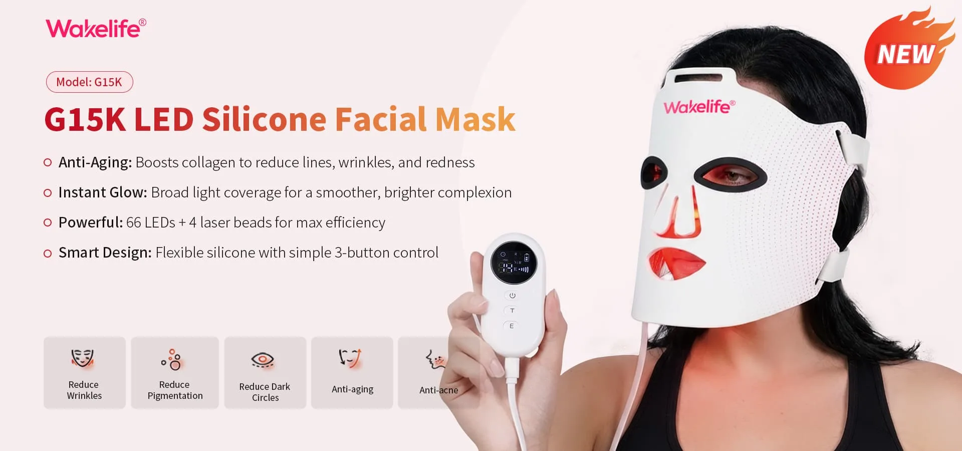 Masque facial en silicone Wakelife G15K LED porté par une femme montrant la thérapie par la lumière rouge en action – 66 LEDS + 4 perles laser anti-âge, anti-acné, réduire les rides, pigmentation, et cercles sombres