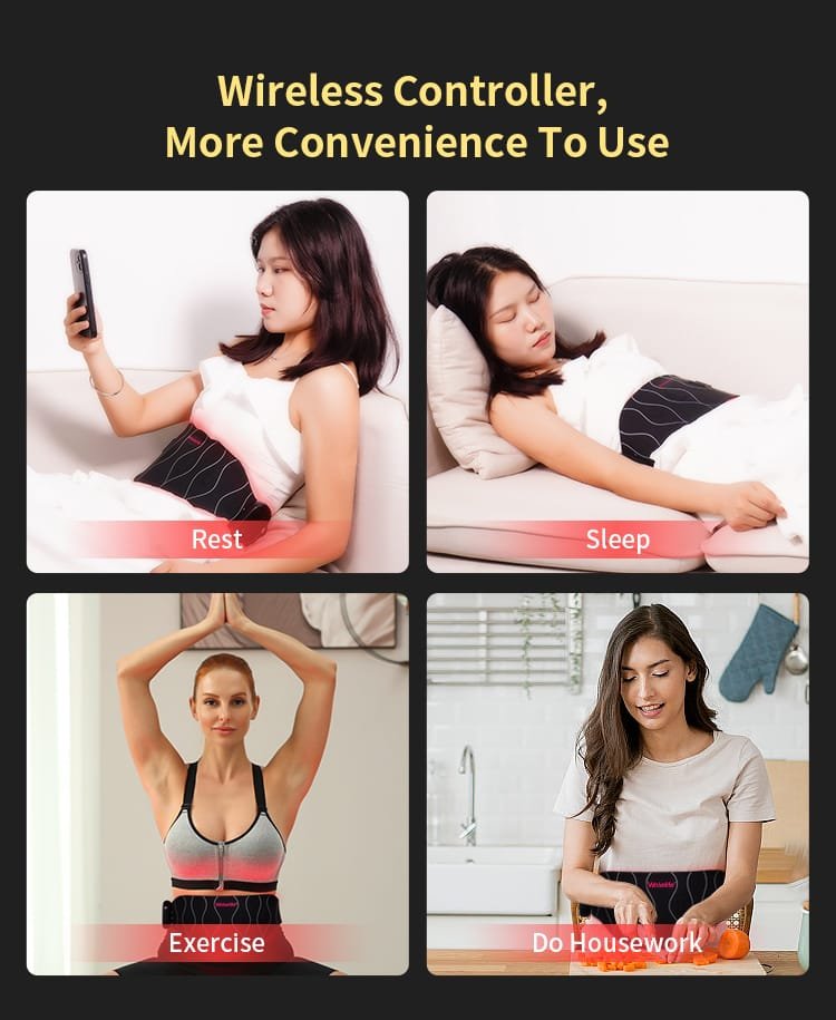 BE-G122 wireless red light therapy belt demonstrating convenient use in various daily scenarios including resting, sleeping, exercising, and doing housework.
