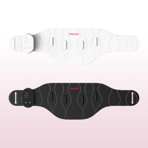 Black and white silicone red light therapy belts with wireless magnetic controllers laid flat