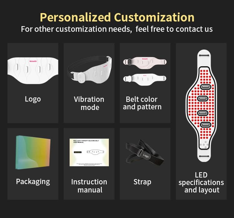 B2B personalized customization options for the Wakelife BE-G122 therapy belt, including custom logo, vibration modes, belt colors, packaging, manuals, and LED layouts.