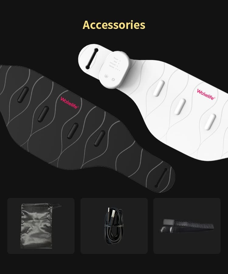 Complete accessory kit for the Wakelife BE-G122 silicone therapy belt, including black and white belt options, a storage bag, Type-C cable, and adjustable straps.