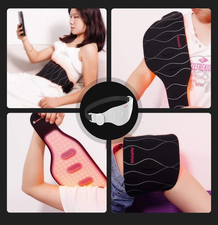 A woman using the Wakelife BE-G122 wearable red light therapy belt on multiple body areas including the waist, shoulder, and knee