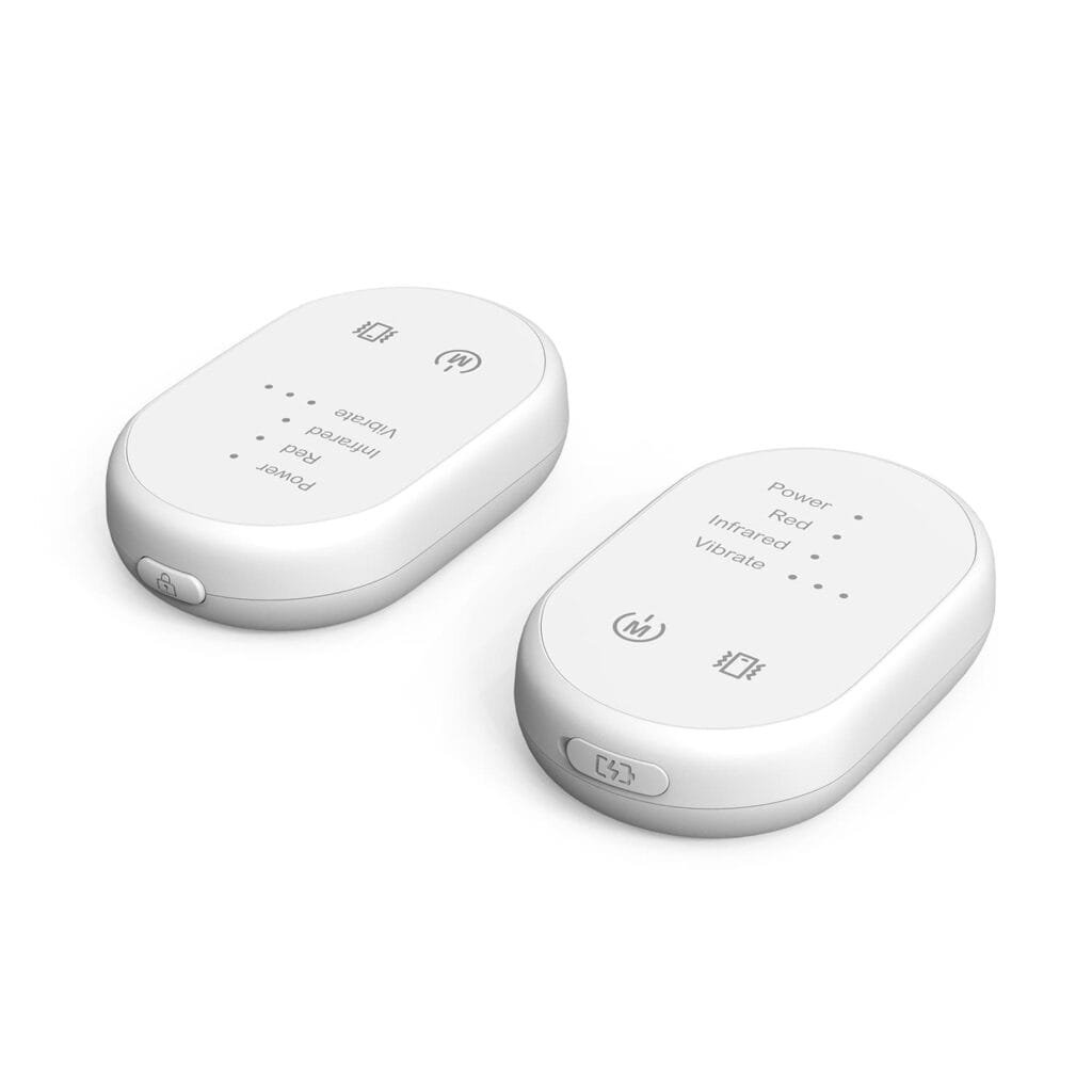 Close-up of two white Wakelife BE-G122 wireless controllers showing LED indicators for power, red light, infrared light, and vibration settings