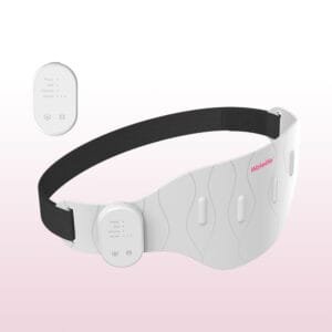 White wearable red light therapy wrap with adjustable black elastic strap and attached wireless controller
