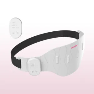 Weißer, tragbarer Rotlichttherapie-Wickel mit verstellbarem schwarzem Gummiband und angeschlossenem kabellosem Controller