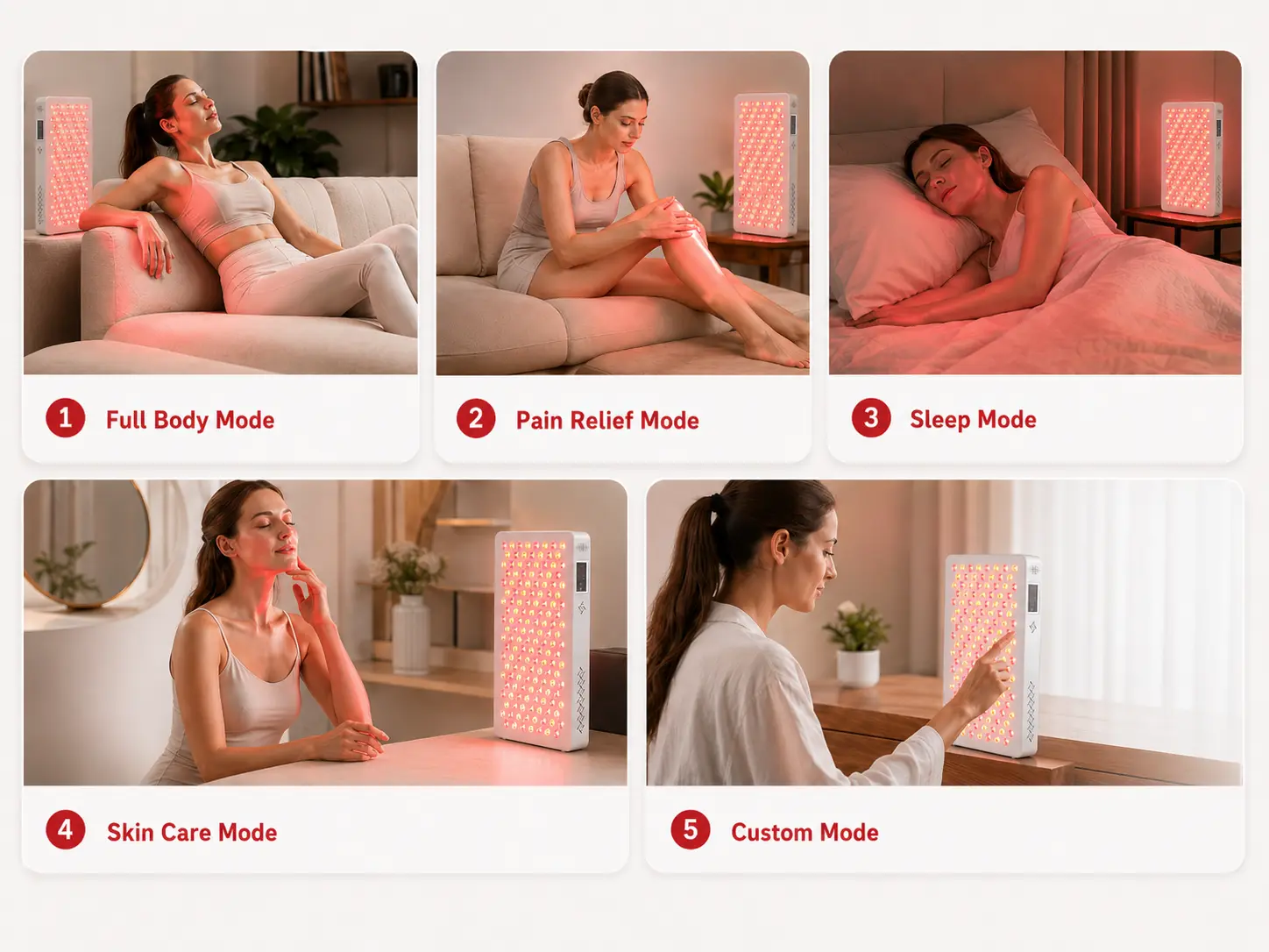ESPLUS750 red light therapy panel showing five preset and custom modes for full body, alívio da dor, sleep, skin care, and personalized light settings.