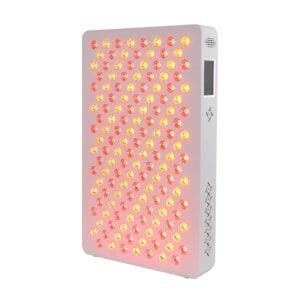 ESPLUS750 red light therapy panel with LEDs on, showing red and near-infrared light output, side touchscreen, and white housing.