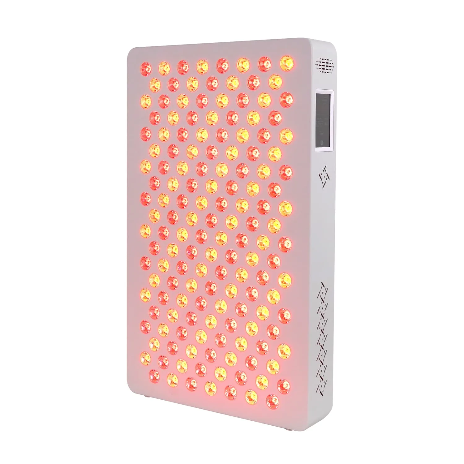 Painel de terapia de luz vermelha ESPLUS750 com LEDs acesos, mostrando saída de luz vermelha e infravermelha próxima, tela sensível ao toque lateral, e habitação branca.