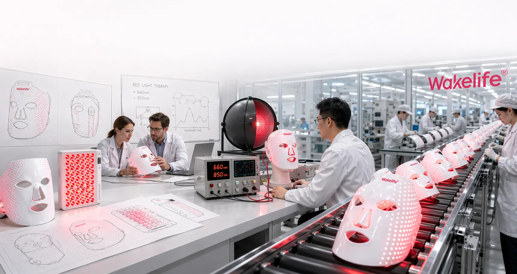 Red light therapy device development process including concept design, engineering testing, and mass production in an OEM manufacturing facility