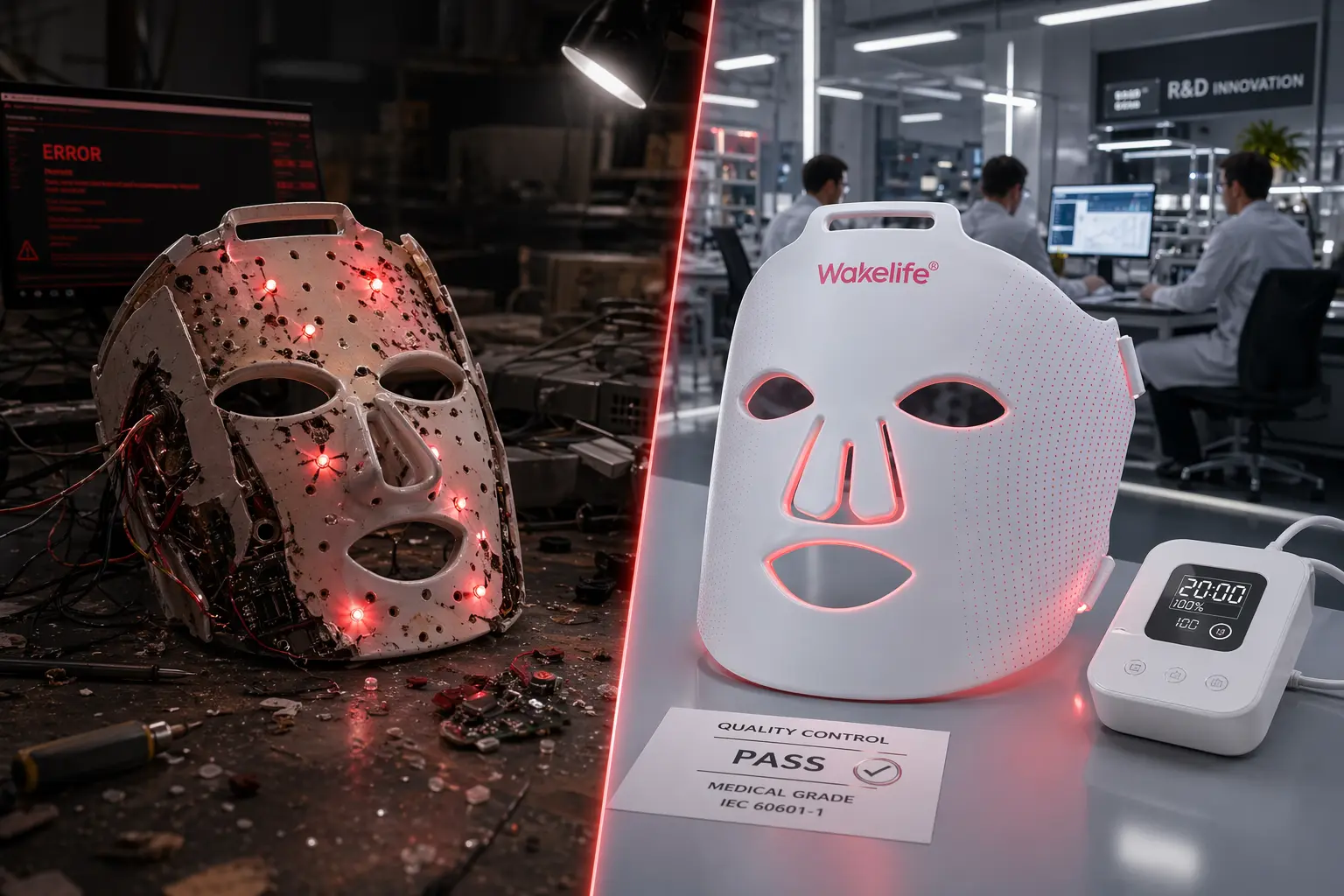 Comparison of failed vs quality-controlled red light therapy mask manufacturing, showing defective prototype with exposed wiring and a certified medical-grade LED mask in a professional lab environment