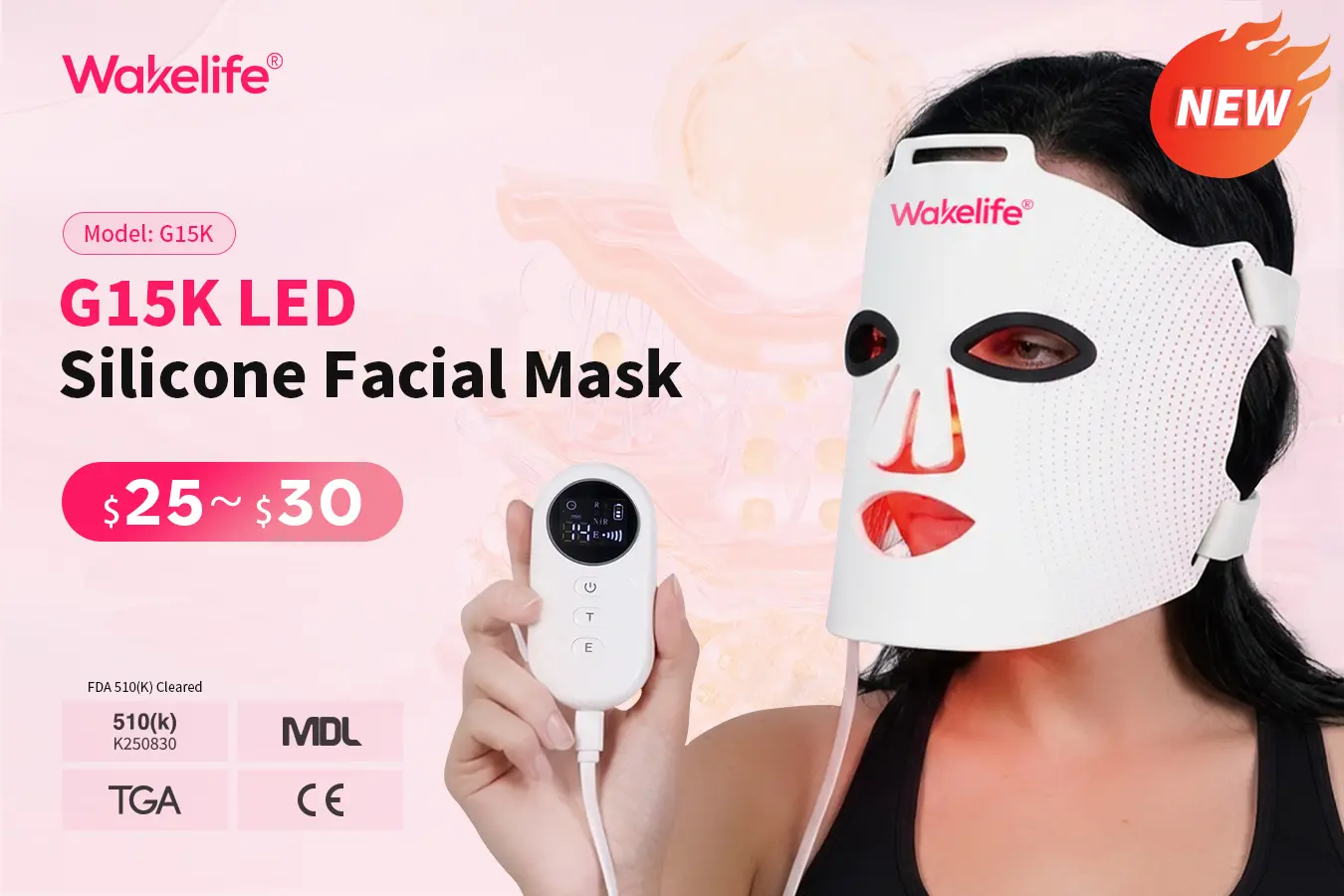 Wakelife G15K LED silicone facial mask with handheld controller, featuring red light therapy, FDA 510(k) clearance, and ergonomic full-face design