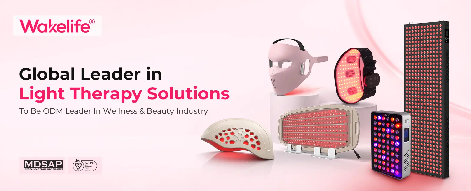 Wakelife light therapy solutions banner featuring LED face mask, red light therapy panels, laser mask, and medical device certification icons