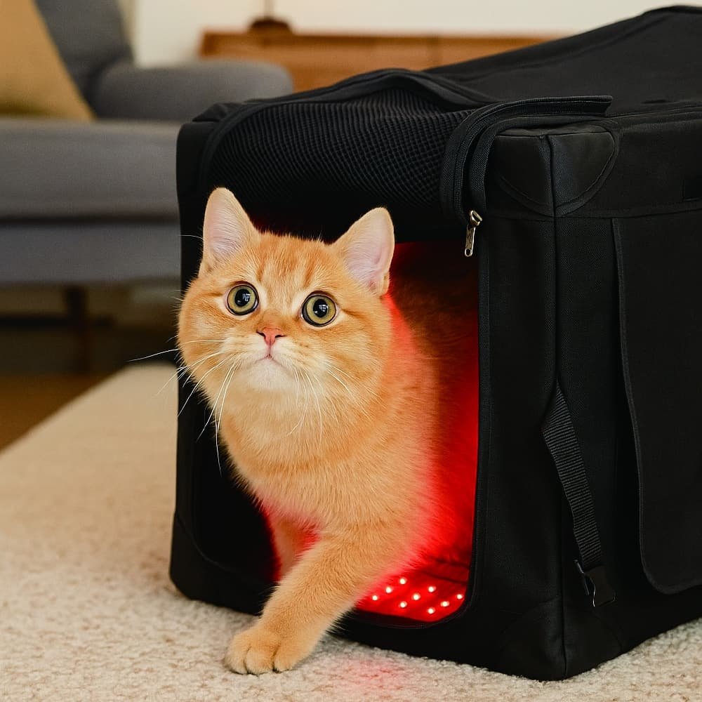 Cat walking out of BE400 pet red light therapy cabin with red LED light