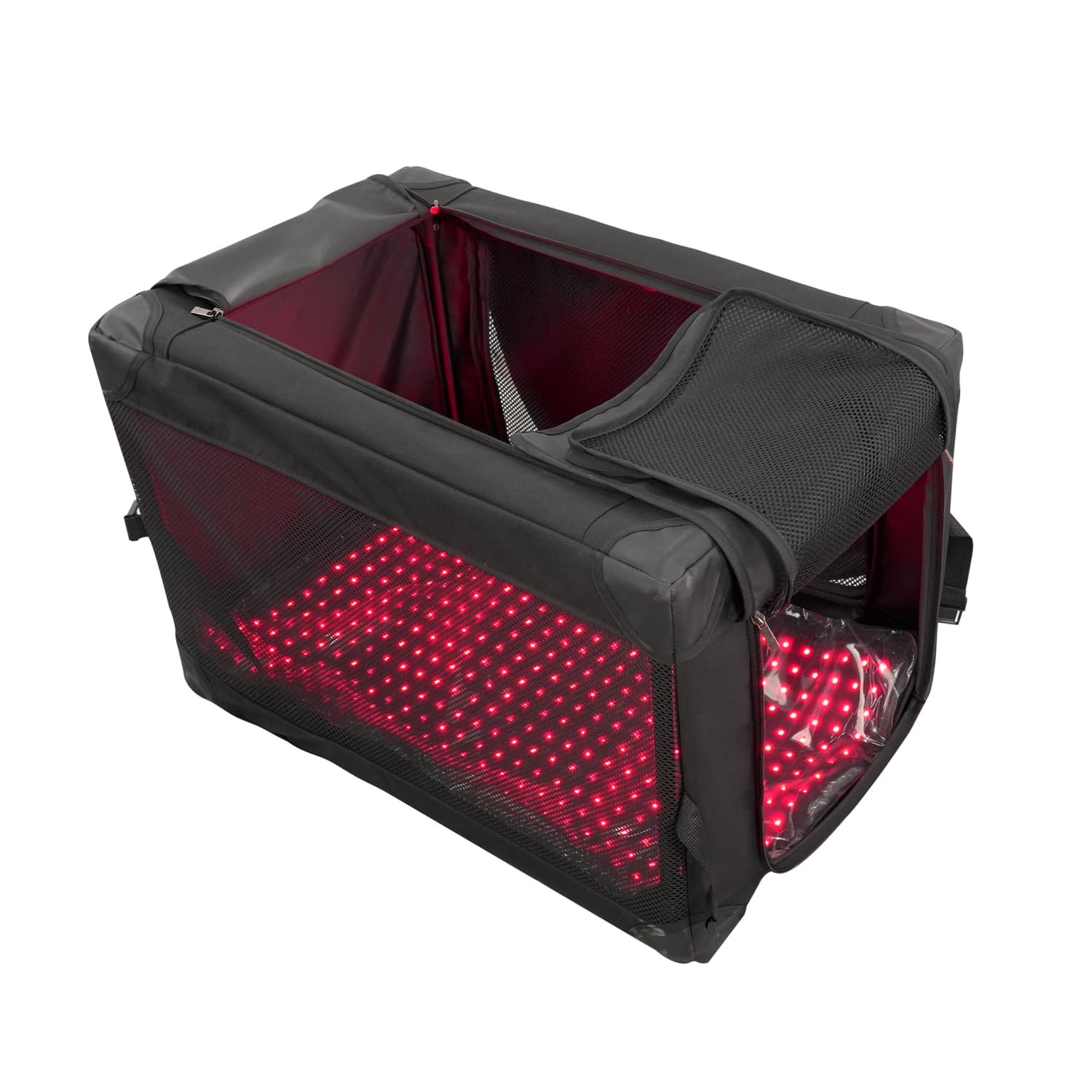 Angled view of BE400 pet red light therapy cabin with LED lighting