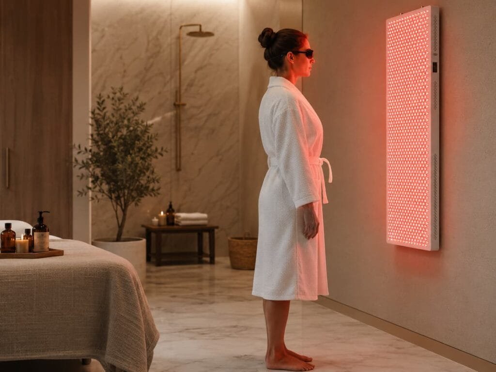 Professional ESPLUS4500 wall-mounted red light therapy panel in a luxury spa or clinic setting with a female client.