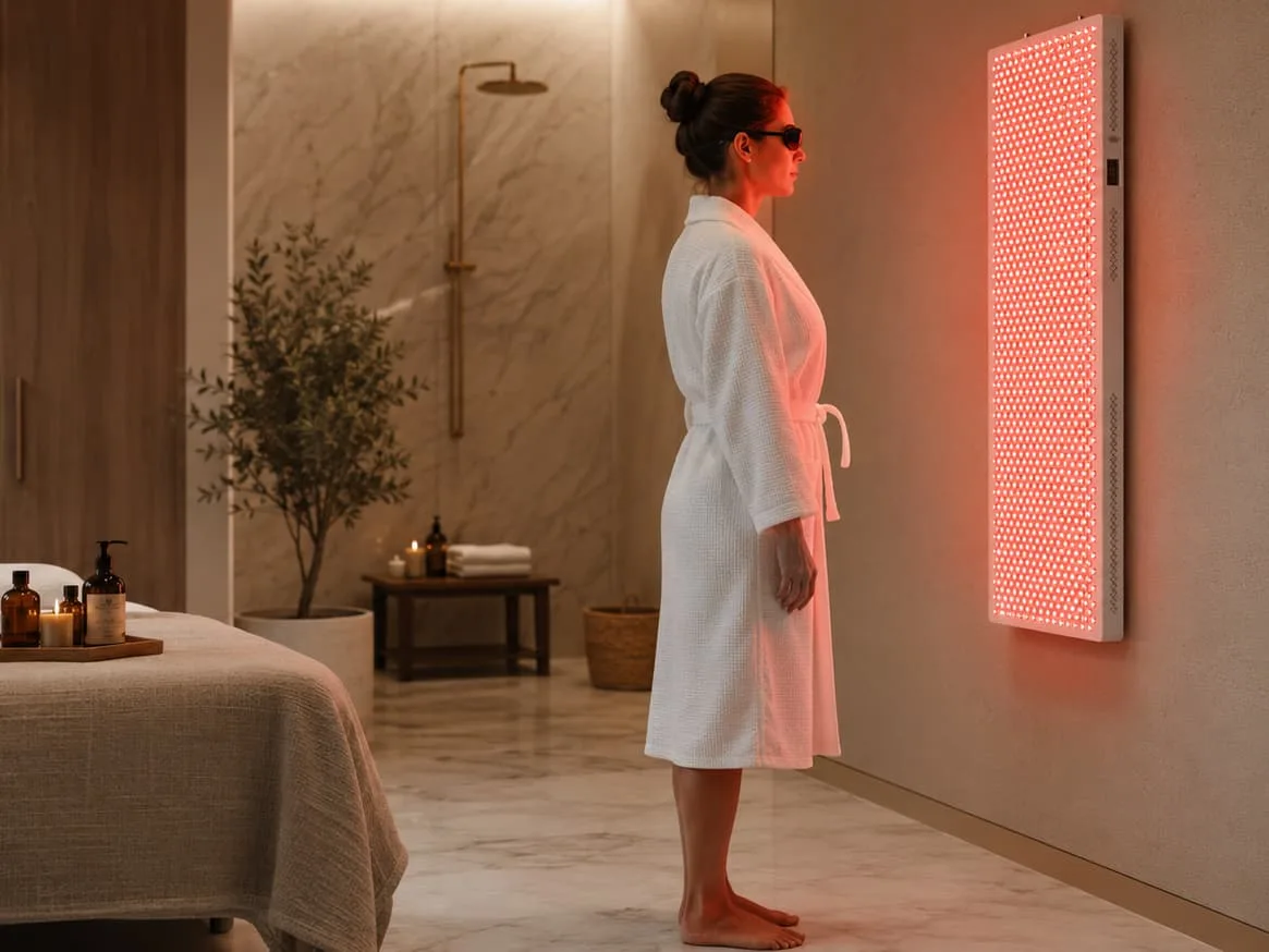 Professional ESPLUS4500 wall-mounted red light therapy panel in a luxury spa or clinic setting with a female client.