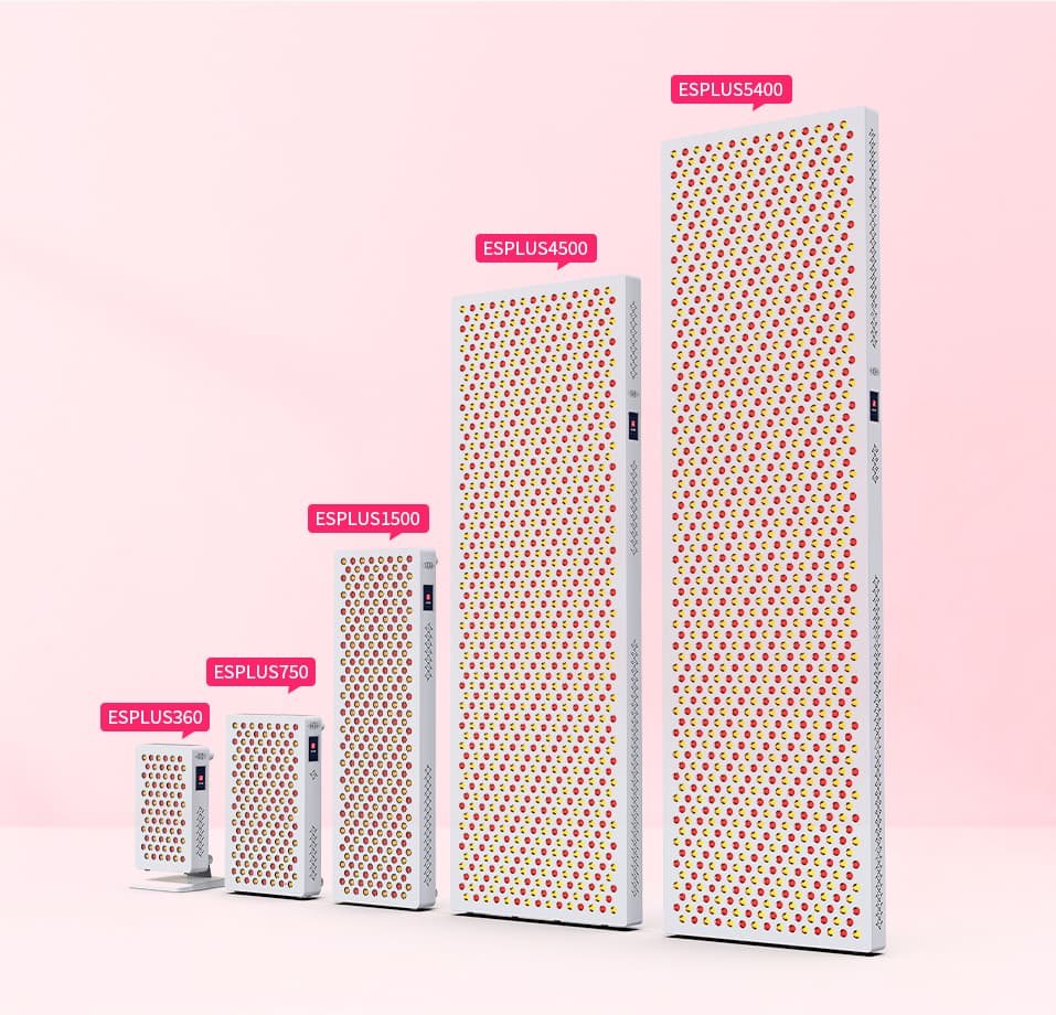 ESPLUS Red Light Therapy Panel Series from ESPLUS360 to ESPLUS5400, showing increasing sizes for full-body and partial-body treatments