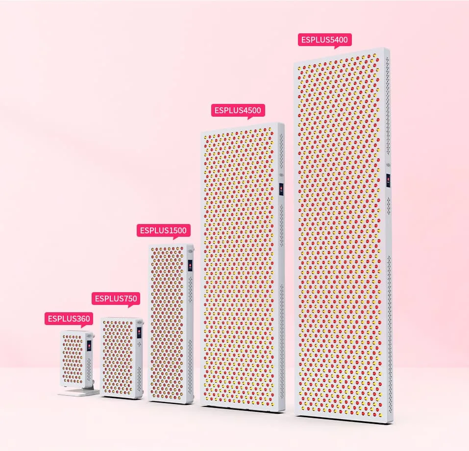 ESPLUS Red Light Therapy Panel Series from ESPLUS360 to ESPLUS5400, showing increasing sizes for full-body and partial-body treatments