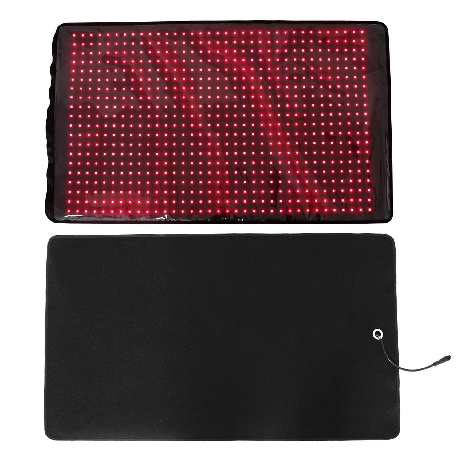 BE700 pet red light therapy pad with illuminated LED side and rear fabric side displayed together