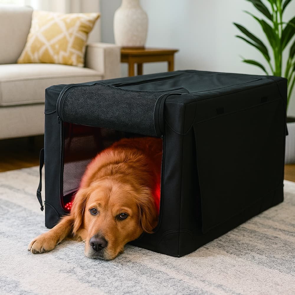 Golden retriever relaxing inside BE700 pet red light therapy tent at home