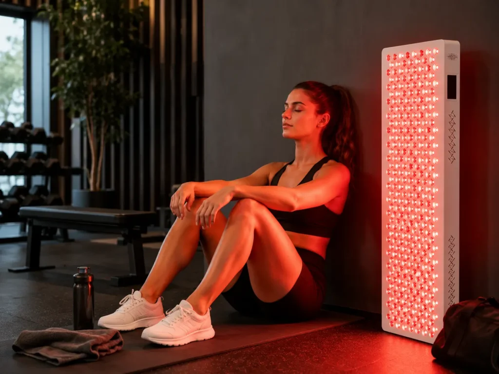 ESPLUS1500 red light therapy panel in a fitness recovery room for post-workout red and near-infrared light therapy routines.