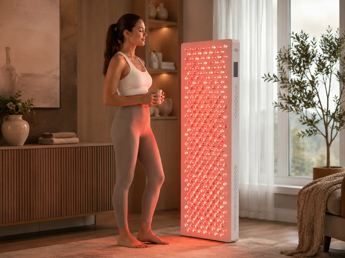 ESPLUS1500 red light therapy panel in a premium home wellness setting for full-body red and near-infrared light therapy routines.
