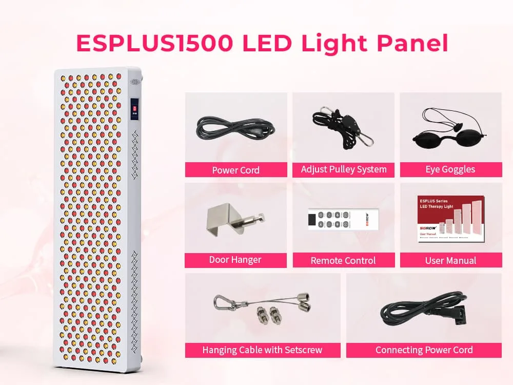 ESPLUS1500 LED red light therapy panel with standard accessories including power cord, adjustable pulley system, eye goggles, door hanger, remote control, user manual, hanging cable with setscrew, and connecting power cord