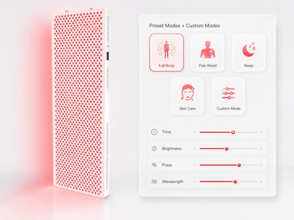 ESPLUS4500 professional red light therapy panel showing preset modes and custom modes interface