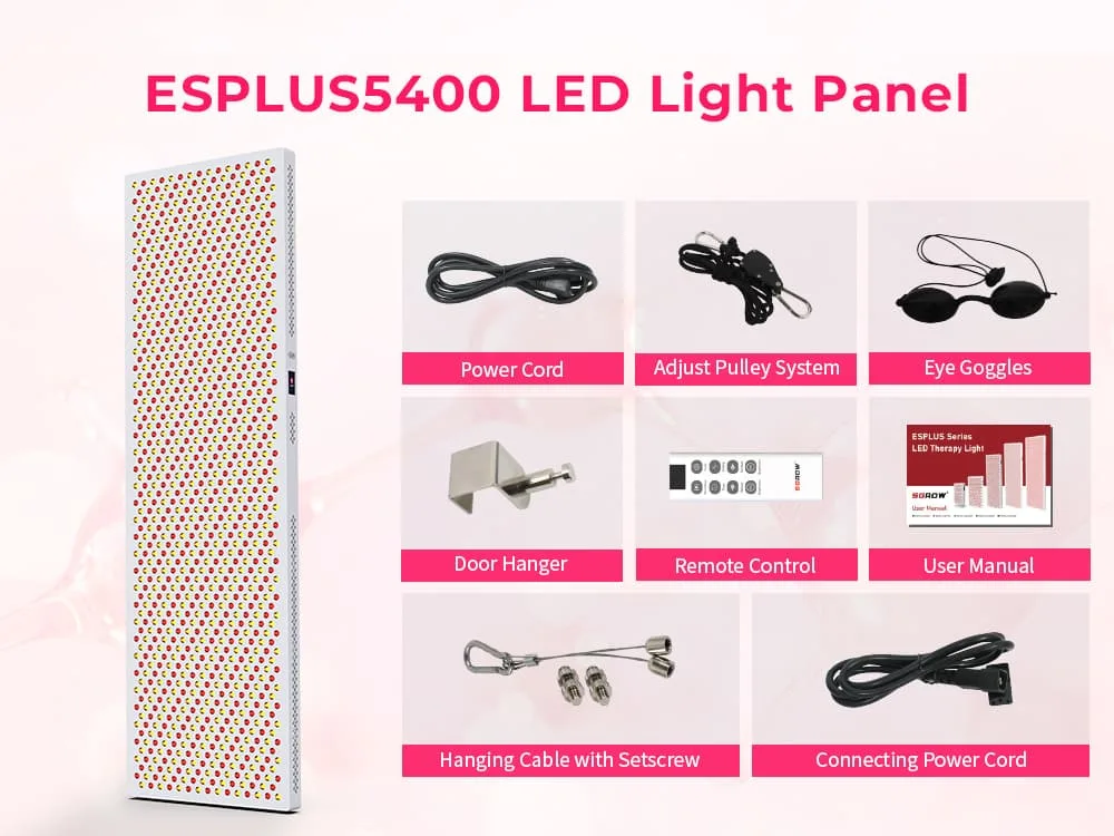 ESPLUS5400 LED light therapy panel with included accessories, including power cord, pulley system, eye goggles, door hanger, remote control, user manual, hanging cable and connecting power cord