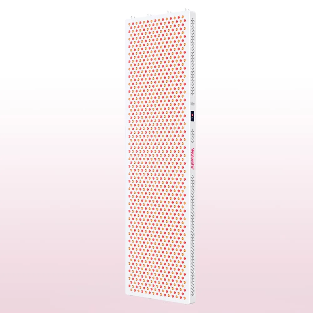 Pannello per terapia con luce rossa ESPLUS5400 per tutto il corpo con LED accesi, vista anteriore sinistra