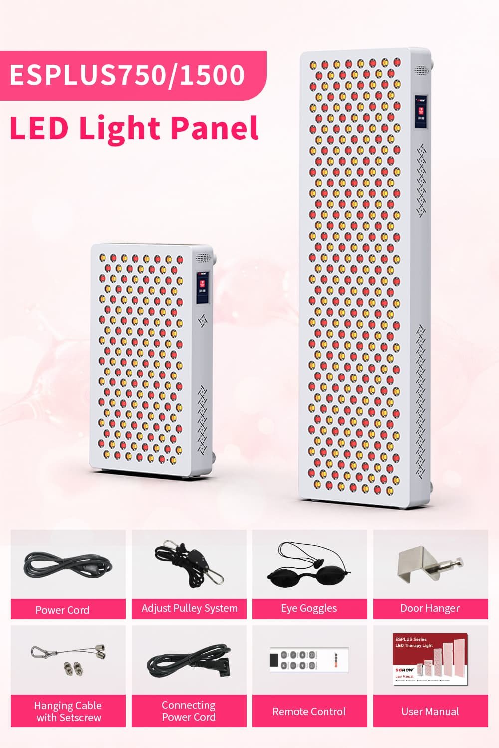ESPLUS750 und ESPLUS1500 LED-Rotlichttherapie-Panels mit Netzkabel, Flaschenzugsystem, Augenschutzbrille, Türhänger, hängendes Kabel, Netzkabel anschließen, Fernbedienung, und Bedienungsanleitungszubehör