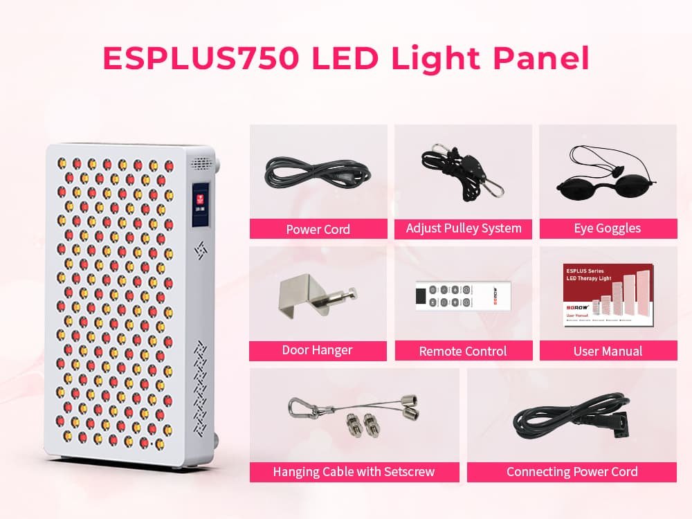 ESPLUS750 LED red light therapy panel with standard accessories including power cord, adjustable pulley system, eye goggles, door hanger, remote control, user manual, hanging cable with setscrew, and connecting power cord