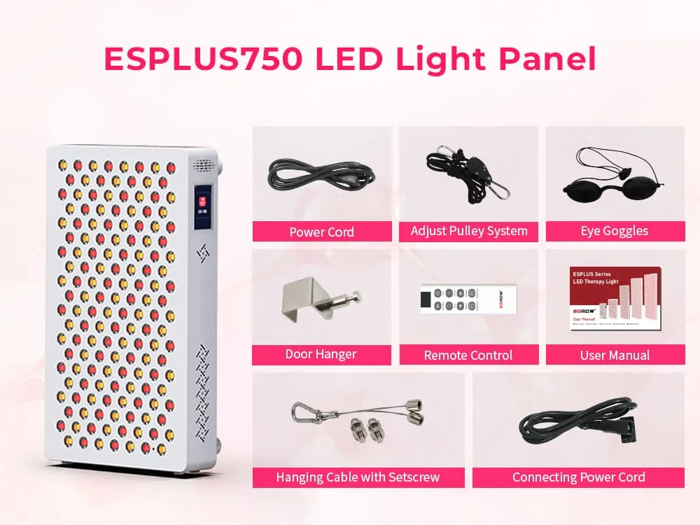 ESPLUS750 LED red light therapy panel with standard accessories including power cord, sistema de polias ajustáveis, óculos de proteção, cabide de porta, controle remoto, manual do usuário, cabo pendurado com parafuso de fixação, e conectando o cabo de alimentação