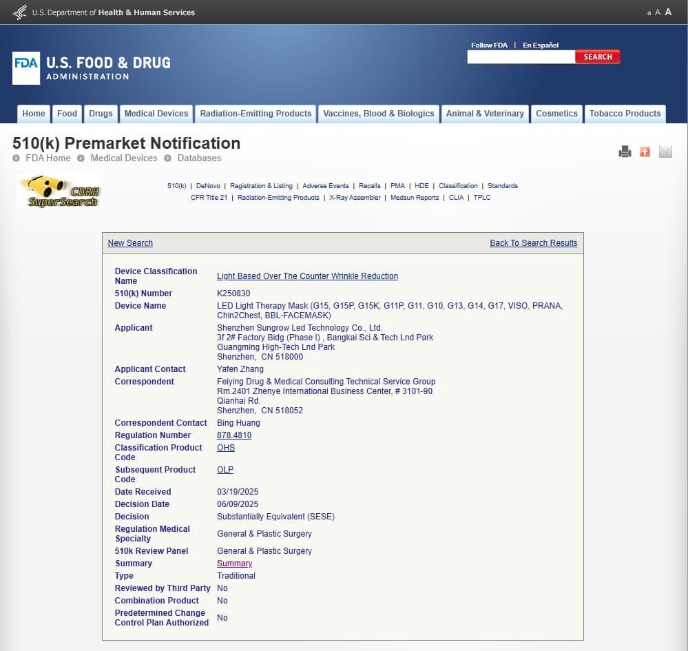 FDA 510(k) Premarket Notification page showing K250830 for WAKELIFE LED Light Therapy Mask as substantially equivalent.