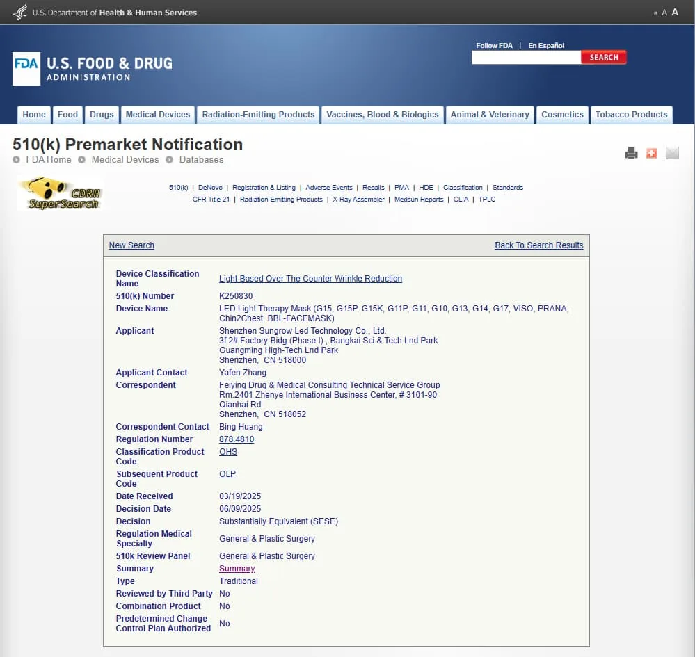 FDA 510(k) Premarket Notification page showing K250830 for WAKELIFE LED Light Therapy Mask as substantially equivalent.