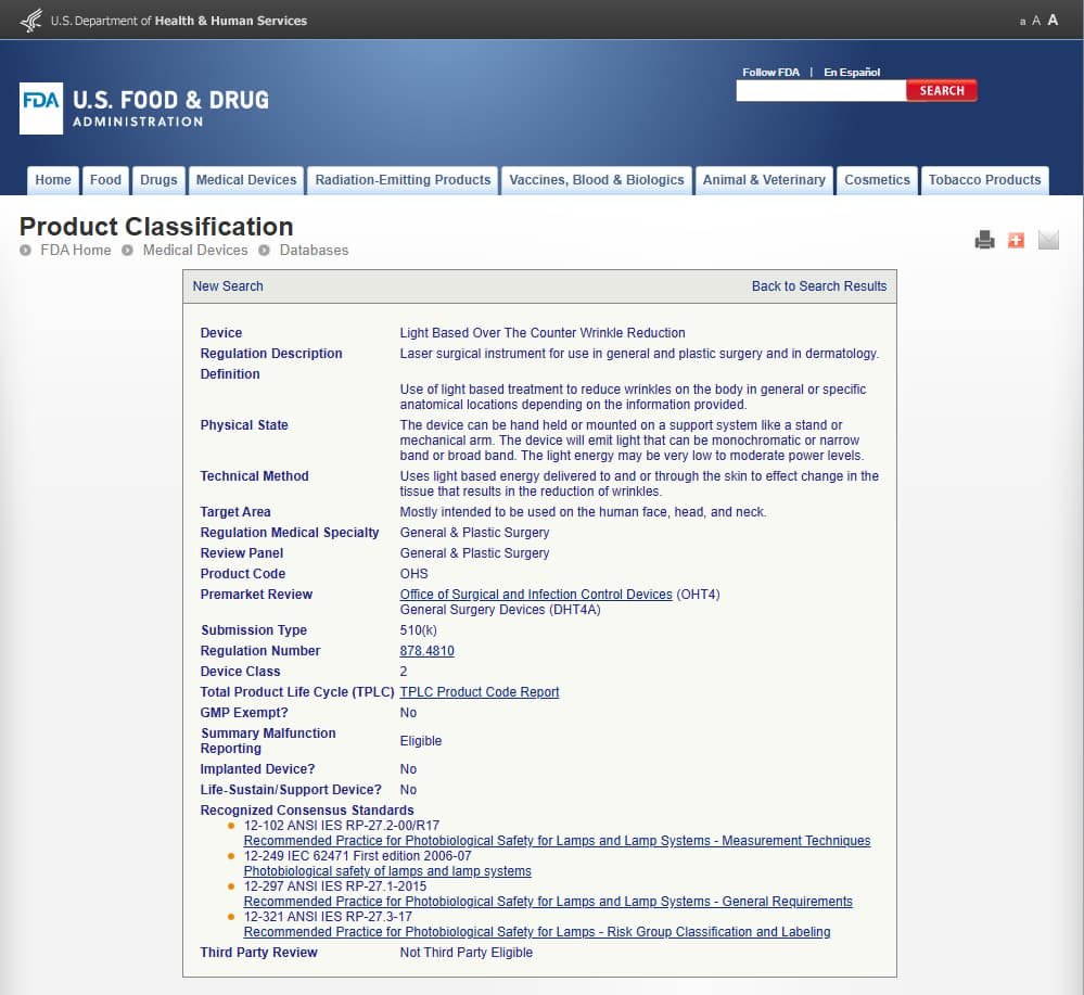 FDA Product Classification page for product code OHS, Light Based Over The Counter Wrinkle Reduction device, classified as Class II.