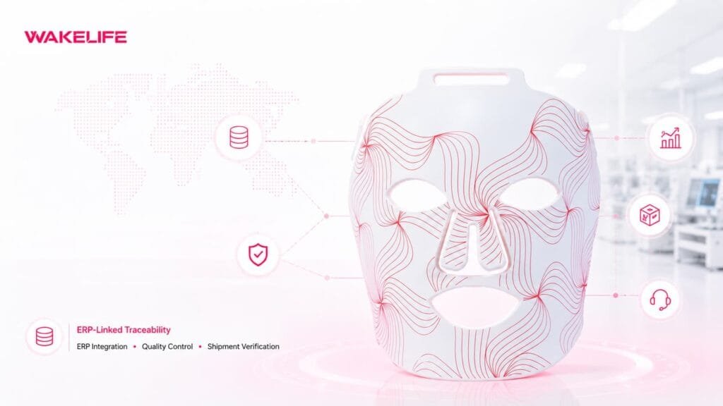 WAKELIFE G15 LED face mask with ERP-linked traceability workflow for red light therapy OEM manufacturing.