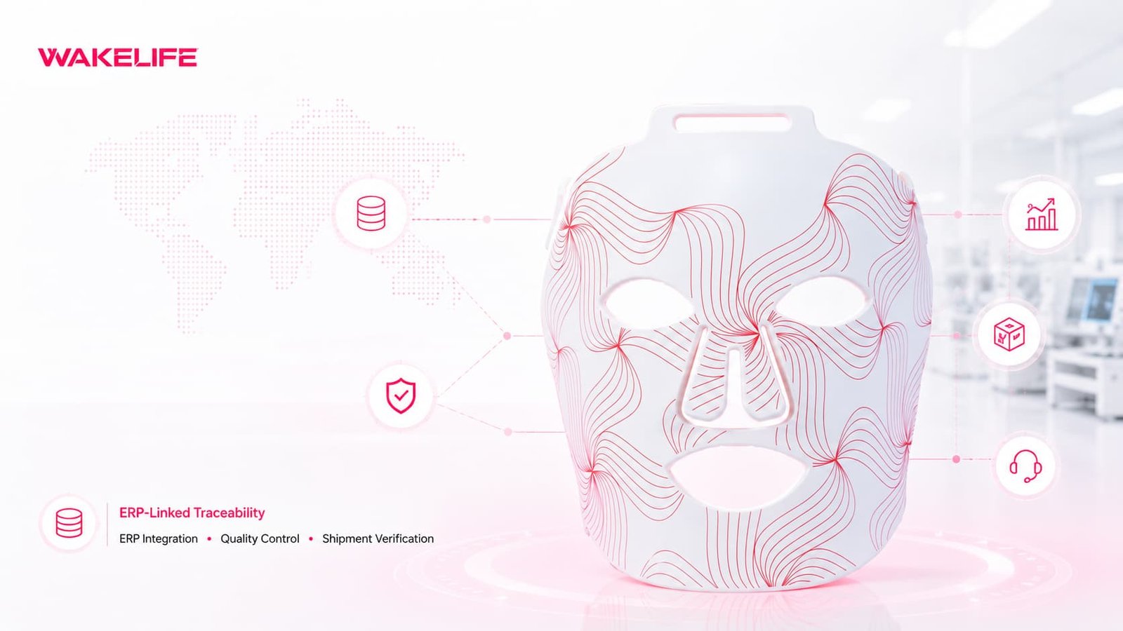 WAKELIFE G15 LED face mask with ERP-linked traceability workflow for red light therapy OEM manufacturing.