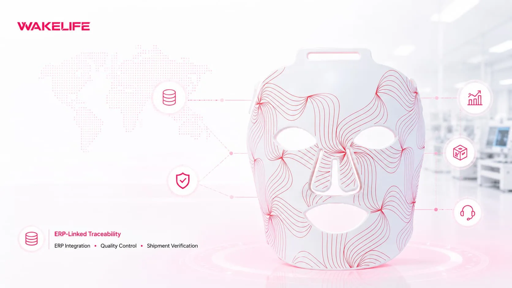 WAKELIFE G15 LED face mask with ERP-linked traceability workflow for red light therapy OEM manufacturing.